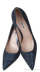 Blue Glitter Argento Pointed Toe Crystal Embellished Heels
