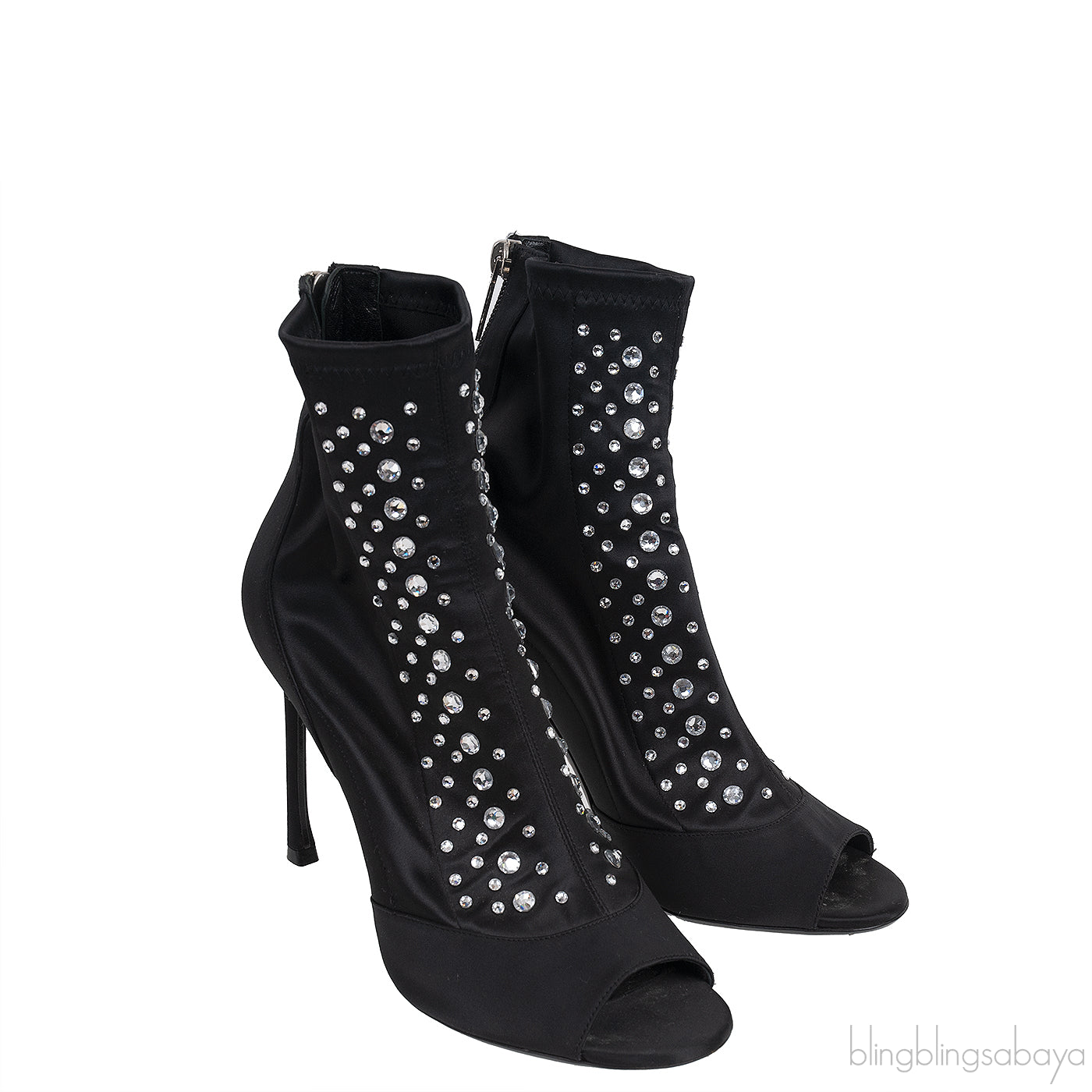 Black Satin Crystal Embellished Peep Toe Boots
