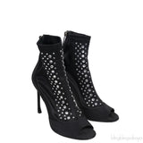 Black Satin Crystal Embellished Peep Toe Boots