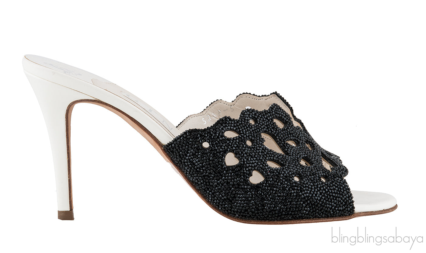 White & Black Crystal Perforated Heels