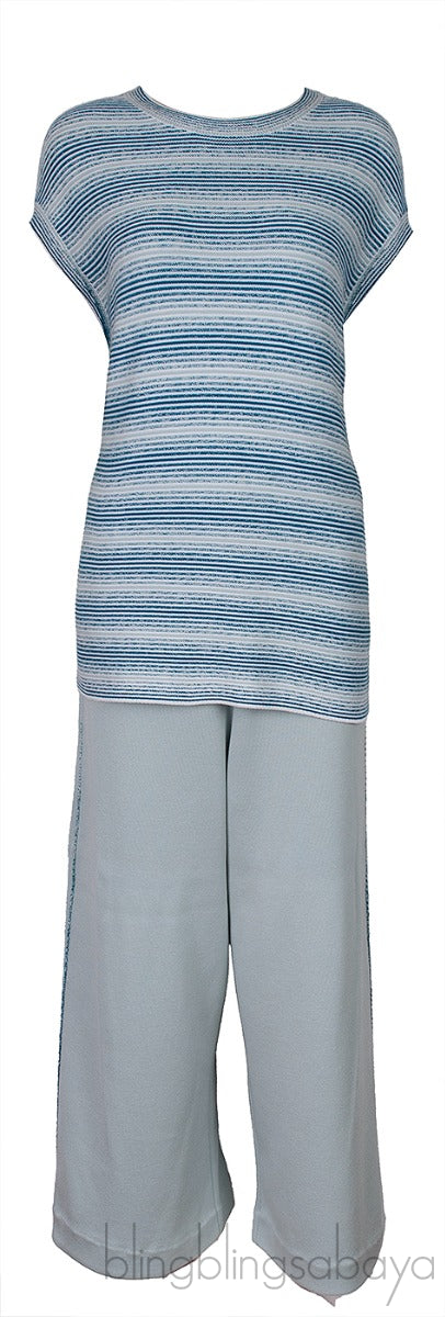 Blue Green Knitted Top and Wide Leg Trouser Set