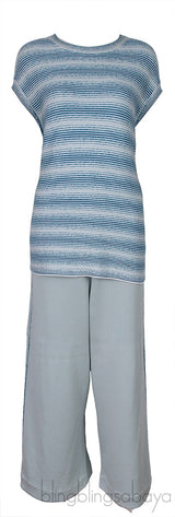 Blue Green Knitted Top and Wide Leg Trouser Set