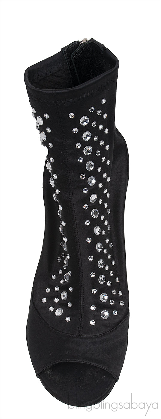 Black Satin Crystal Embellished Peep Toe Boots