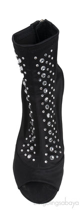 Black Satin Crystal Embellished Peep Toe Boots