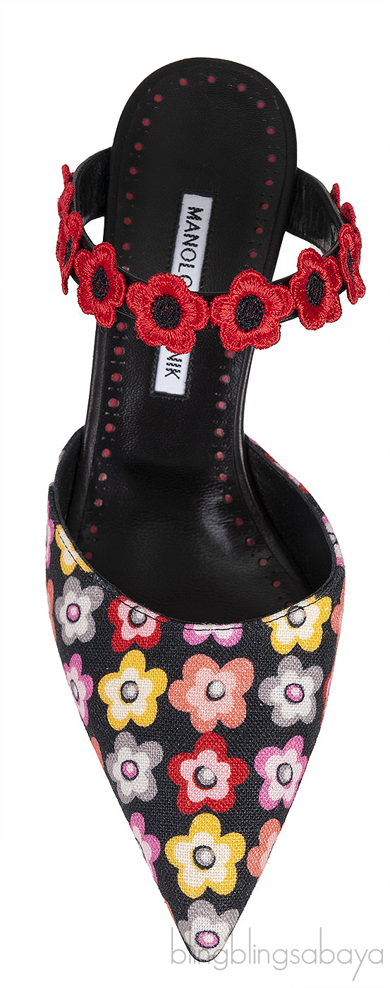 Chamaca 70 Appliquéd Floral-print Linen Mules