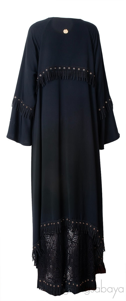 Black Layered Eyelet Ring Fringed Trim Abaya