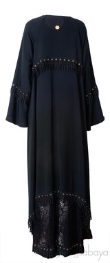 Black Layered Eyelet Ring Fringed Trim Abaya