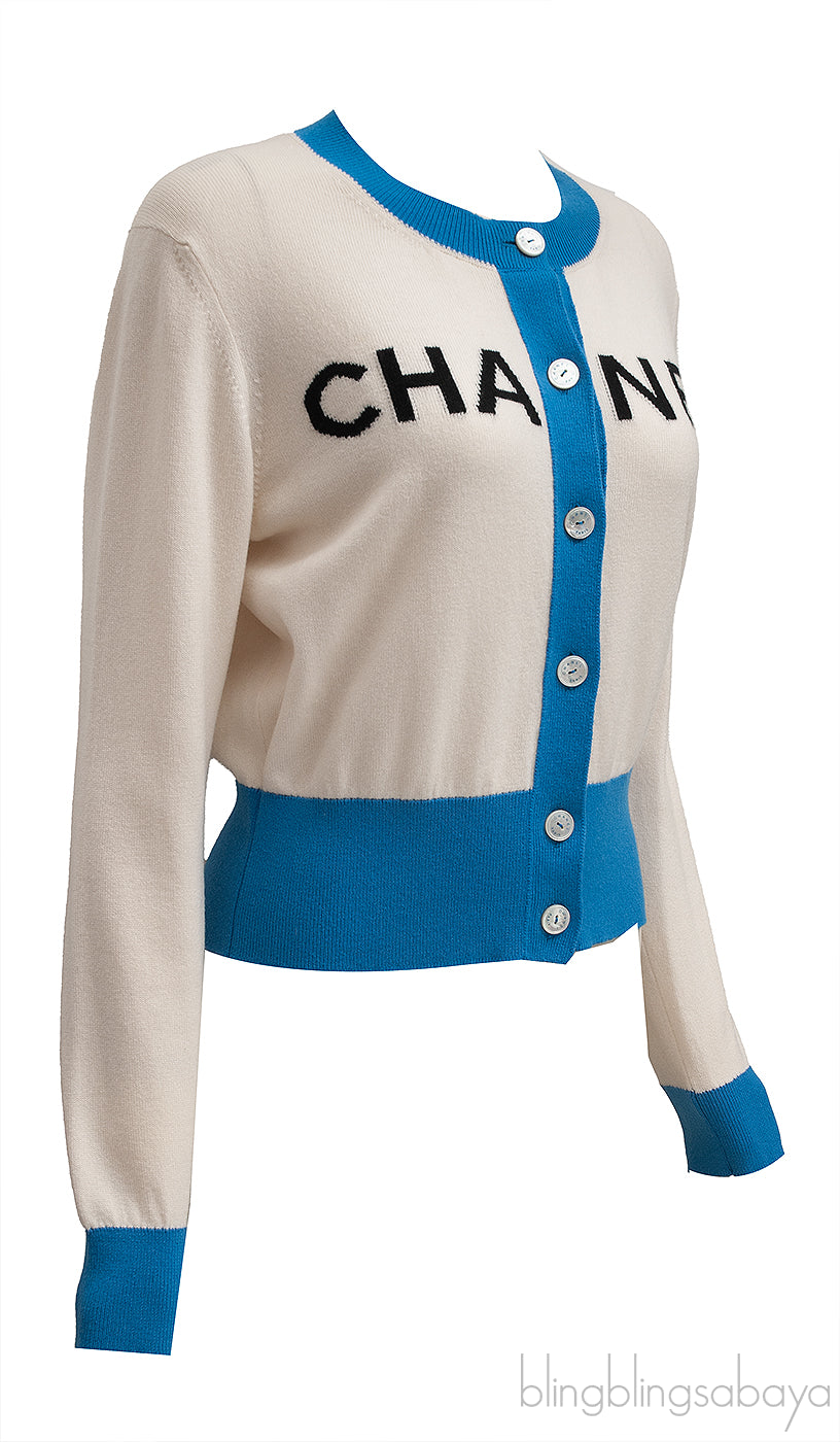White and Blue Logo Knit Cashmere Cardigan