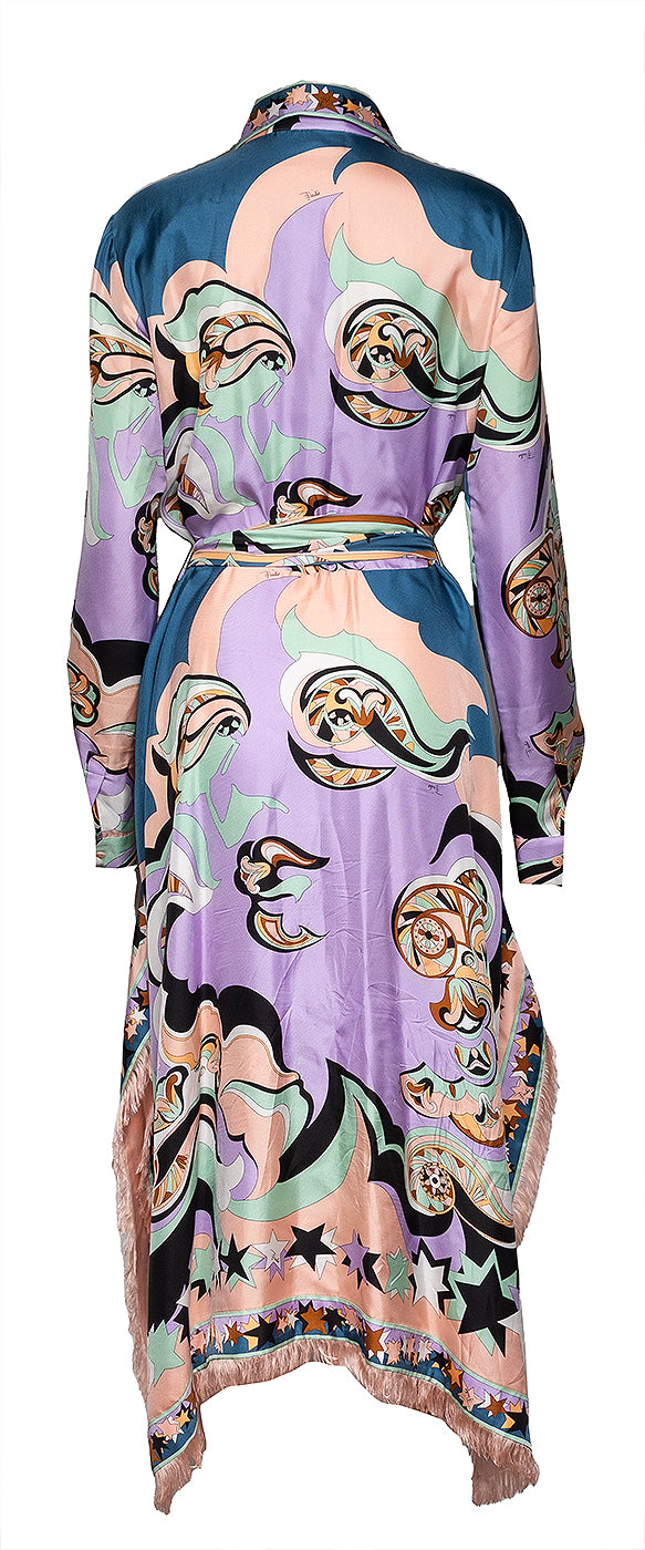 Emilio Pucci Multicolor Print Fringed Trim Silk Dress