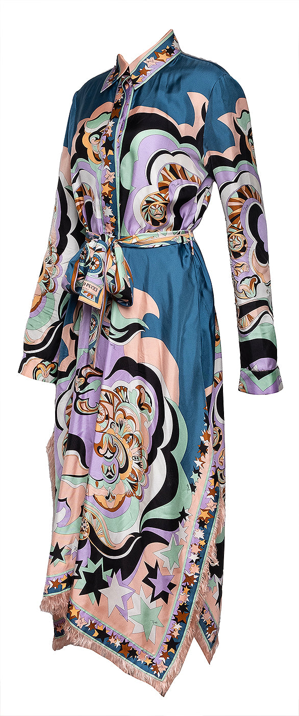 Emilio Pucci Multicolor Print Fringed Trim Silk Dress