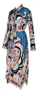 Emilio Pucci Multicolor Print Fringed Trim Silk Dress