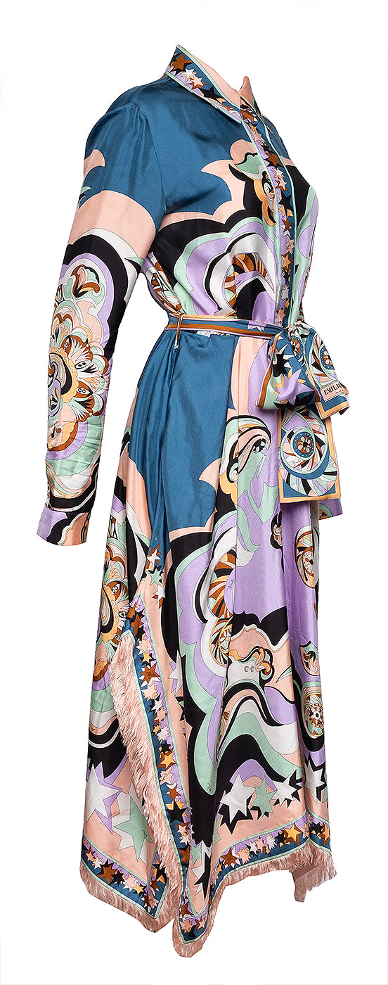Emilio Pucci Multicolor Print Fringed Trim Silk Dress