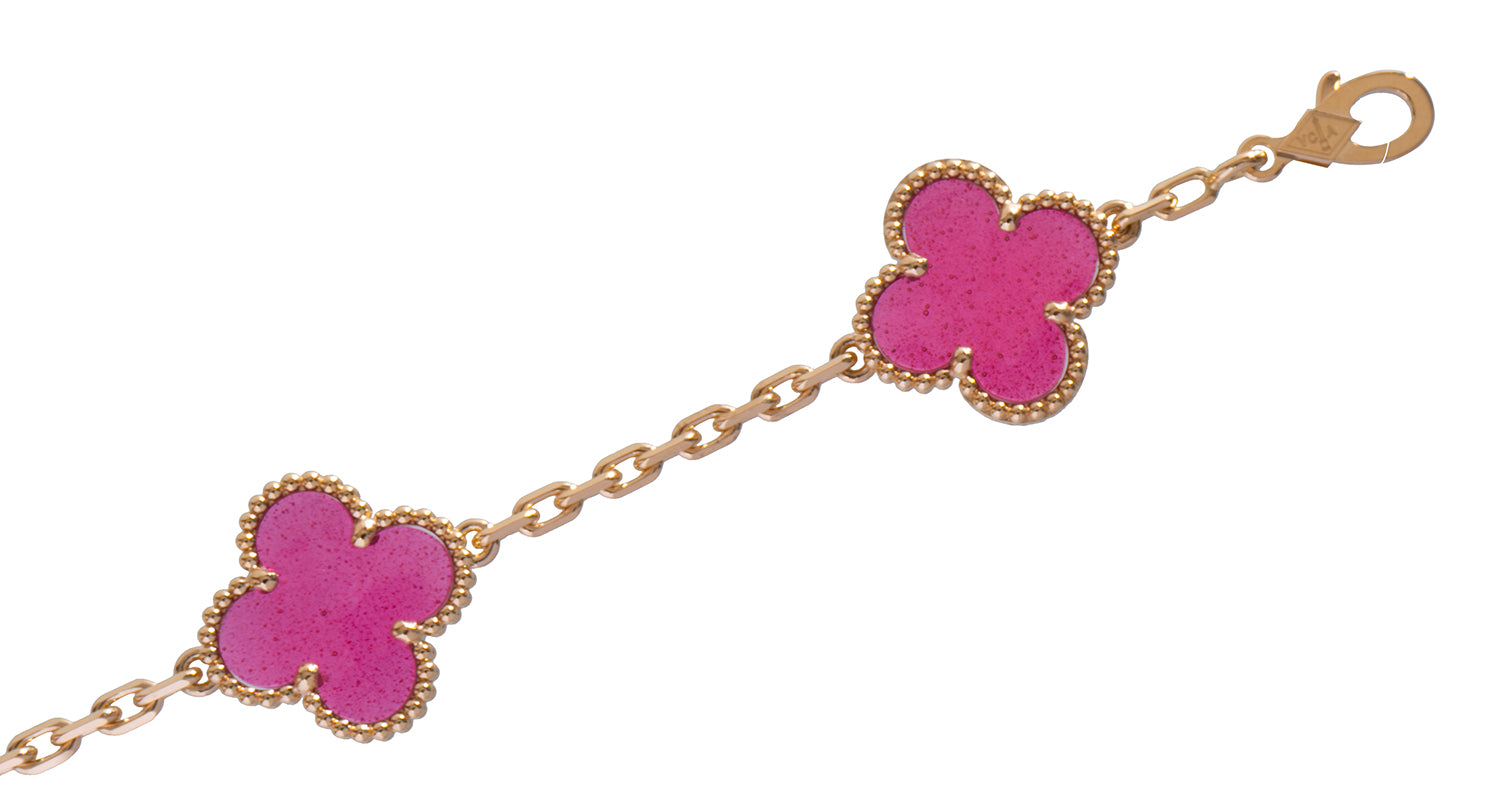 Van Cleef & Arpels Vintage Alhambra 5 Motif Pink Crystal Gold Bracelet