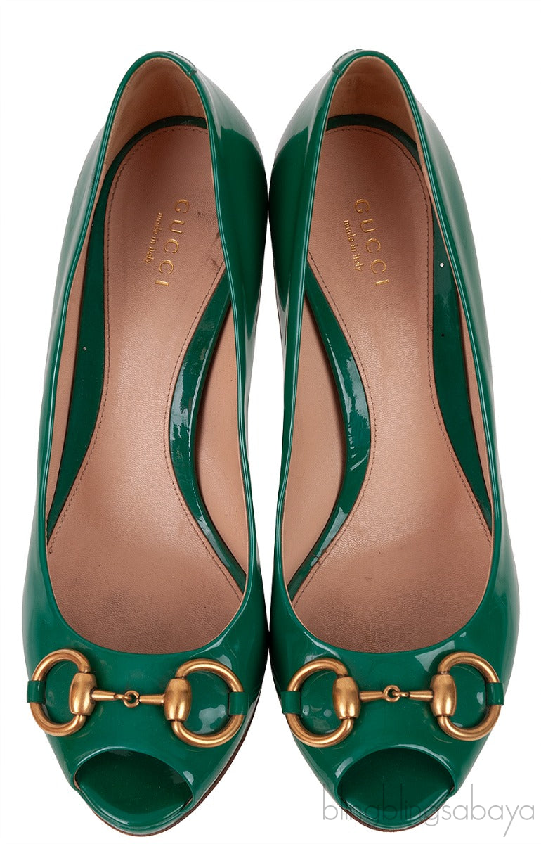 Green Patent Horsebit Peep Toe Pump