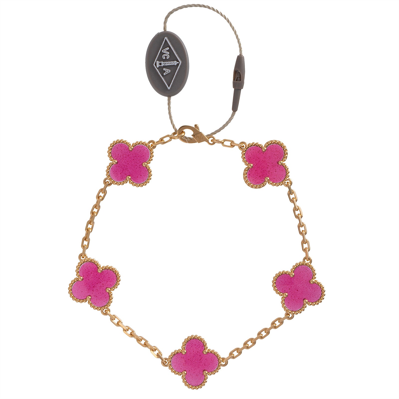 Van Cleef & Arpels Vintage Alhambra 5 Motif Pink Crystal Gold Bracelet