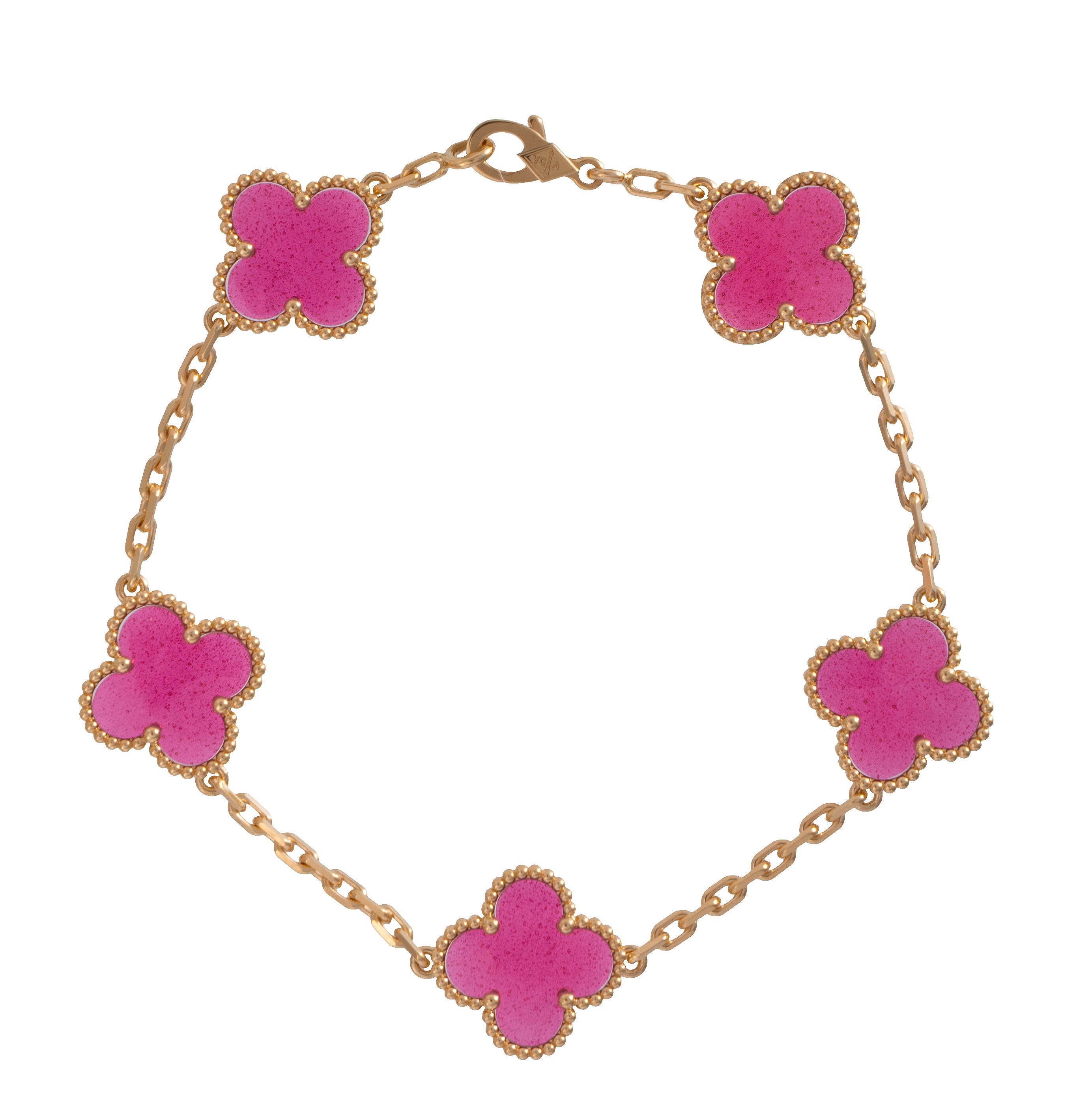 Van Cleef & Arpels Vintage Alhambra 5 Motif Pink Crystal Gold Bracelet