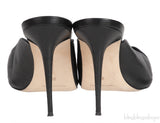 Black Leather Twisted Vamp Peep Toe Mule