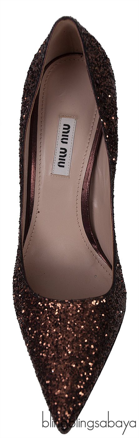 Bronze Glitter Pointed Toe Crystal Embellished Heels
