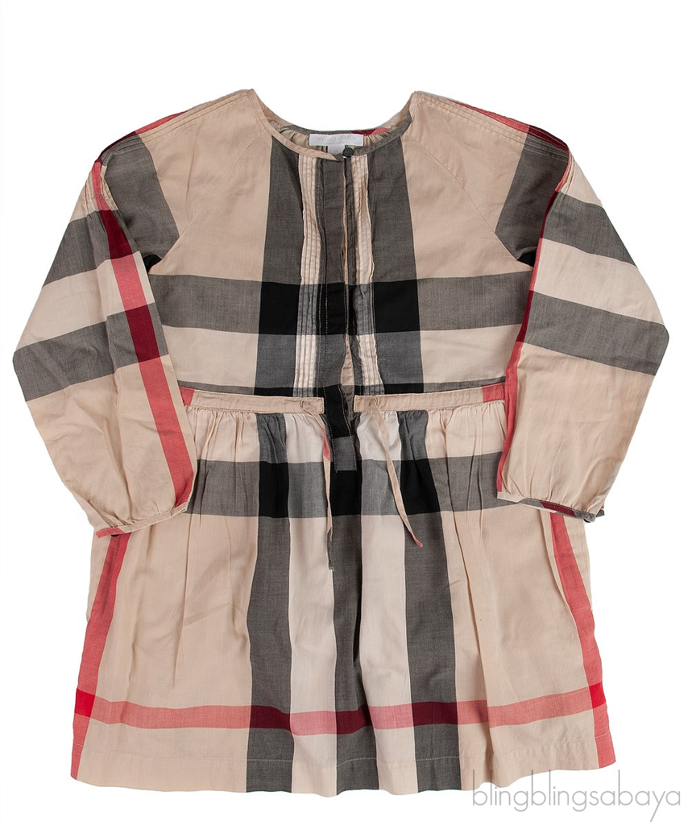 Brown Checkered Long Sleeve Kids Dress