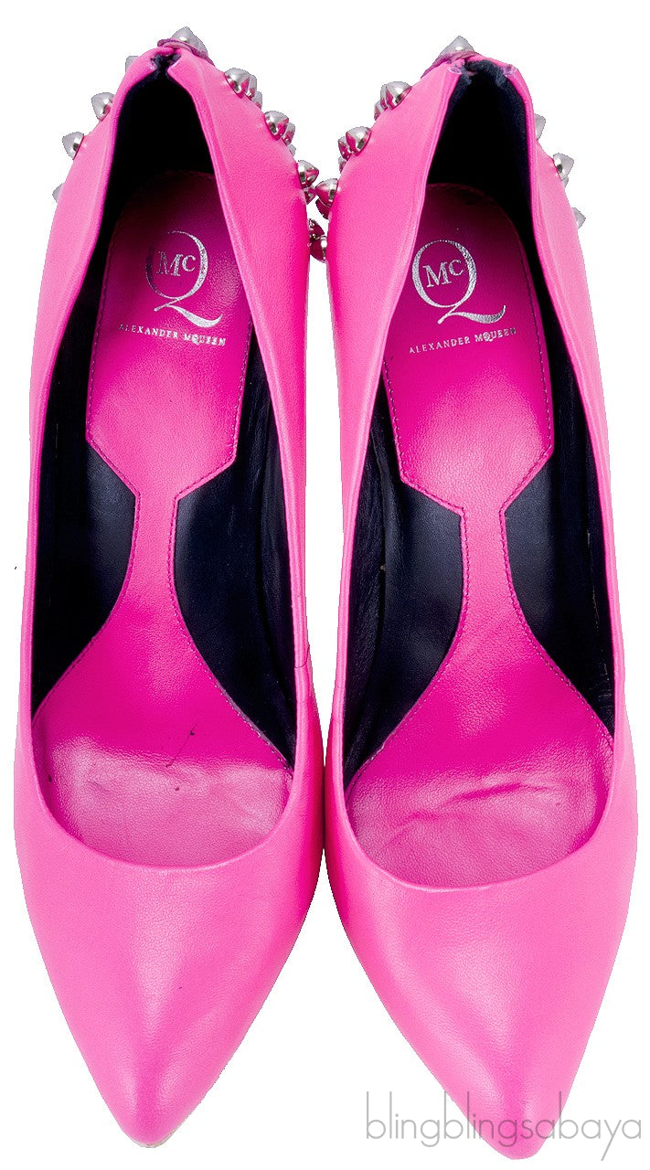 Pink Studded Neon Leather Pumps