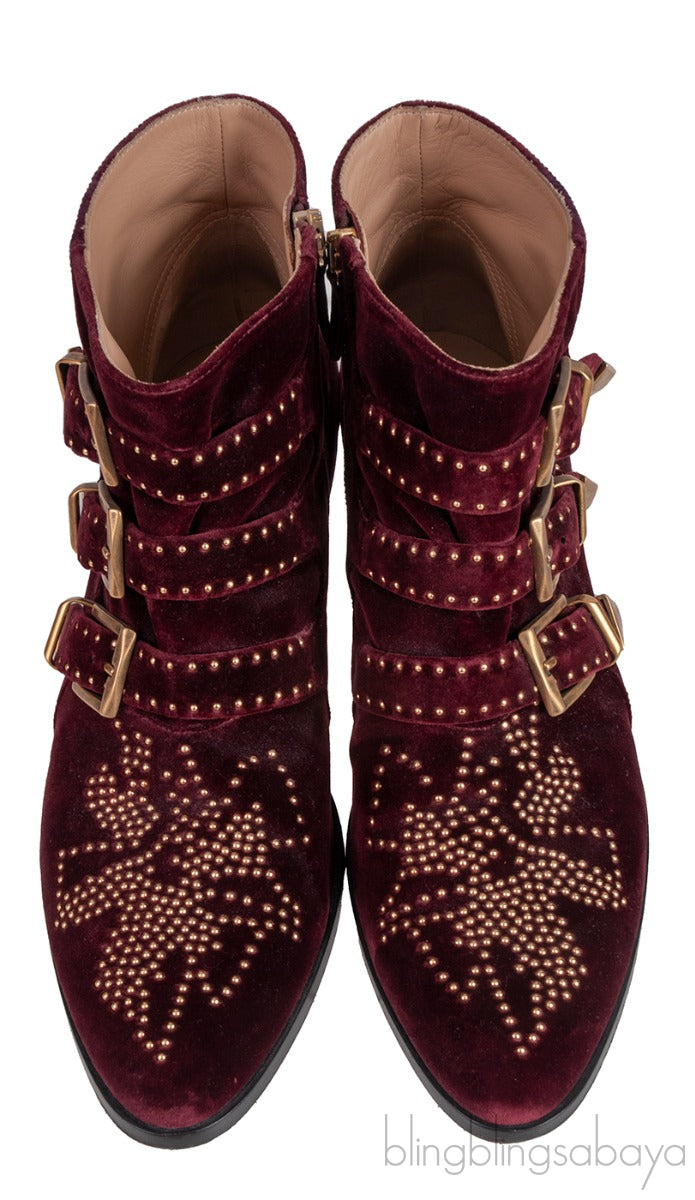 Burgundy Velvet Metal Beads Strappy Boots