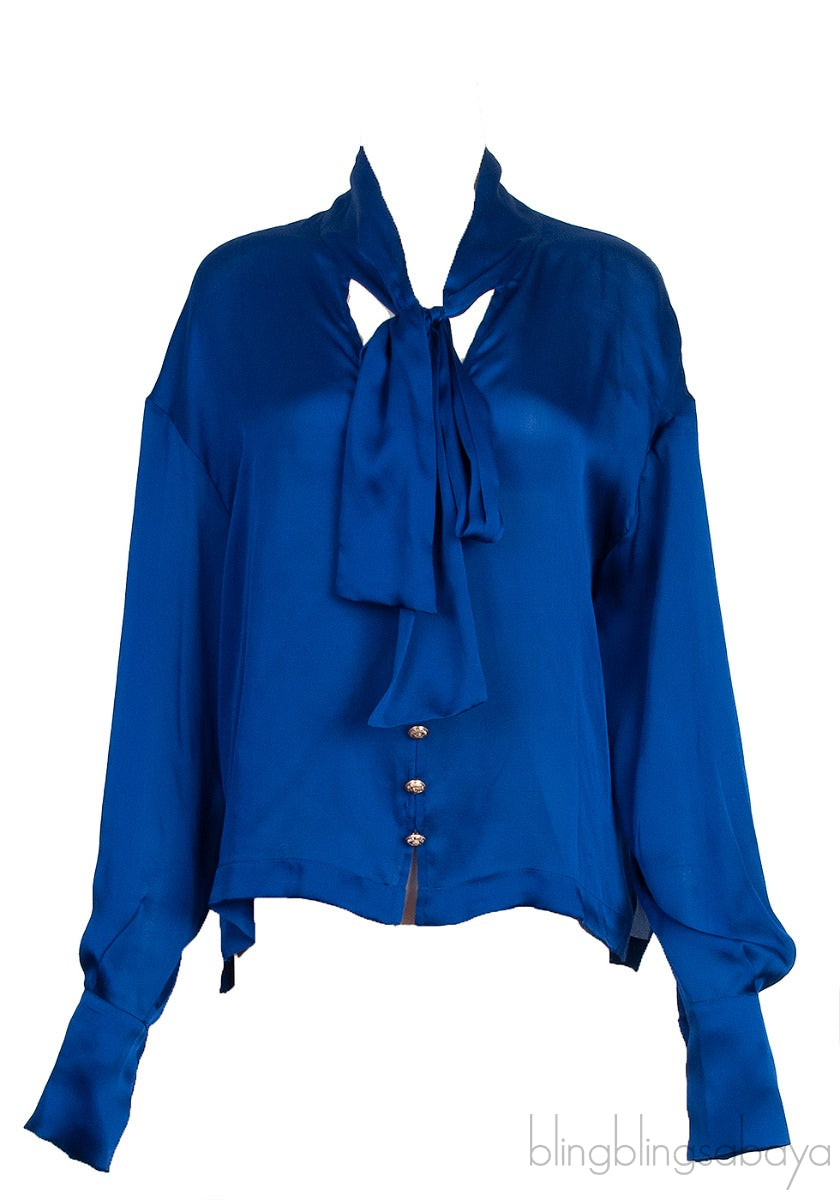 Blue Self-tie Silk Longsleeve Shirt