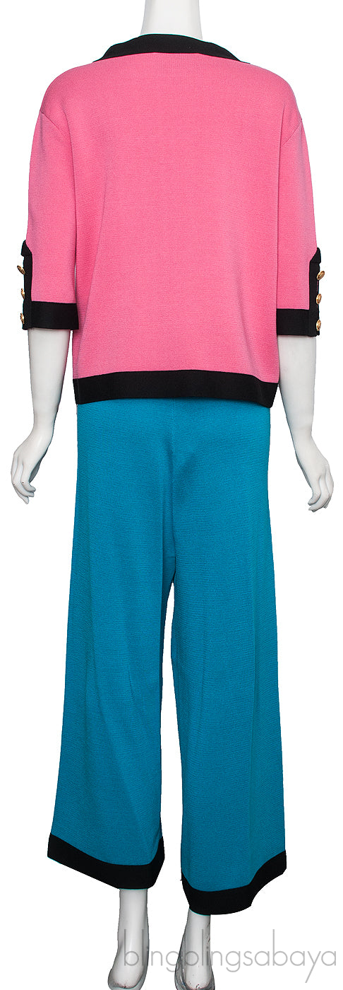 Pink Top & Blue Wide Leg Trouser