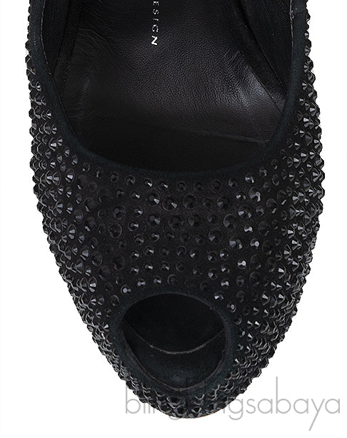 Black Crystal Embellished Peep Toe Heels