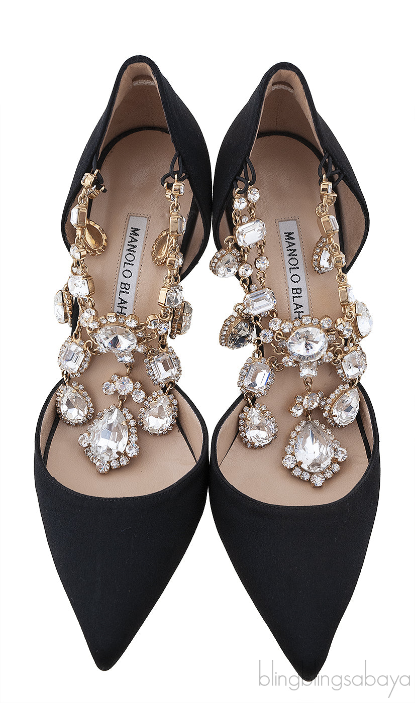 Black Zullin Satin Jeweled D\'Orsay Pumps