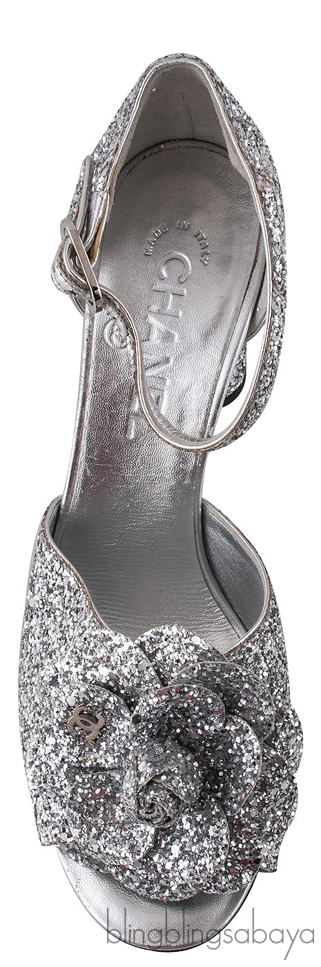 Silver Camellia Glitter Heels