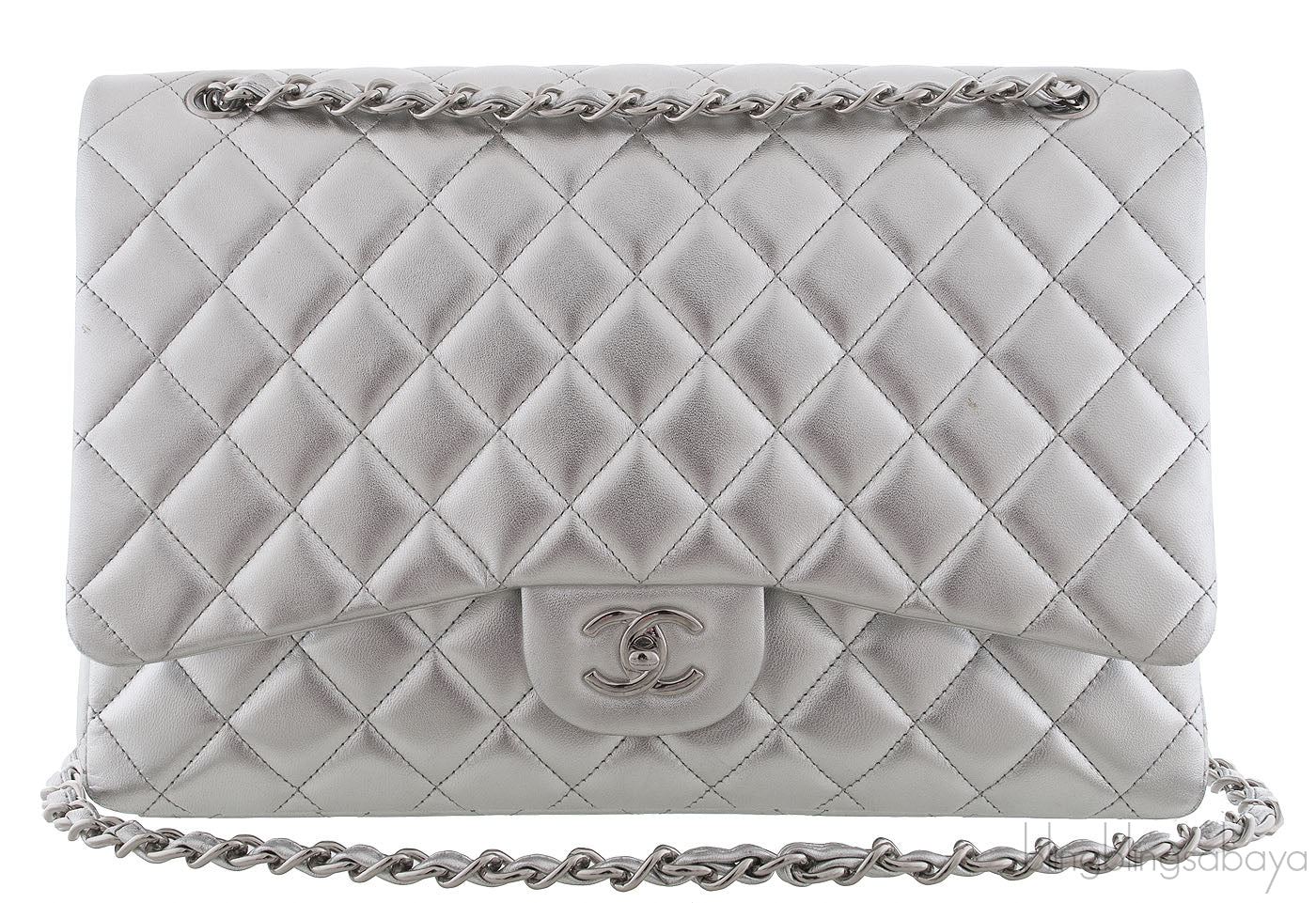 Metallic Silver Quilted Maxi Flap Bag