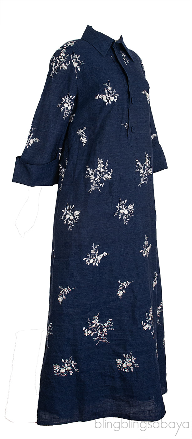 Blue Denim Floral Embroidered Dress