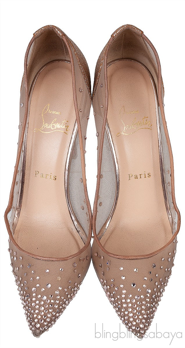 Gold & Beige Mesh Crystal Pointed Toe Heels