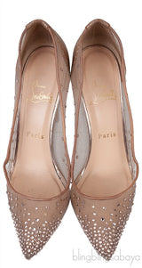 Gold & Beige Mesh Crystal Pointed Toe Heels