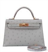Kelly 20 Mini II Sellier Gris Perle Ostrich GHW