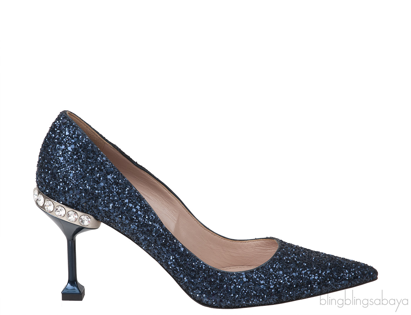 Blue Glitter Argento Pointed Toe Crystal Embellished Heels