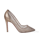 Gold & Beige Mesh Crystal Pointed Toe Heels