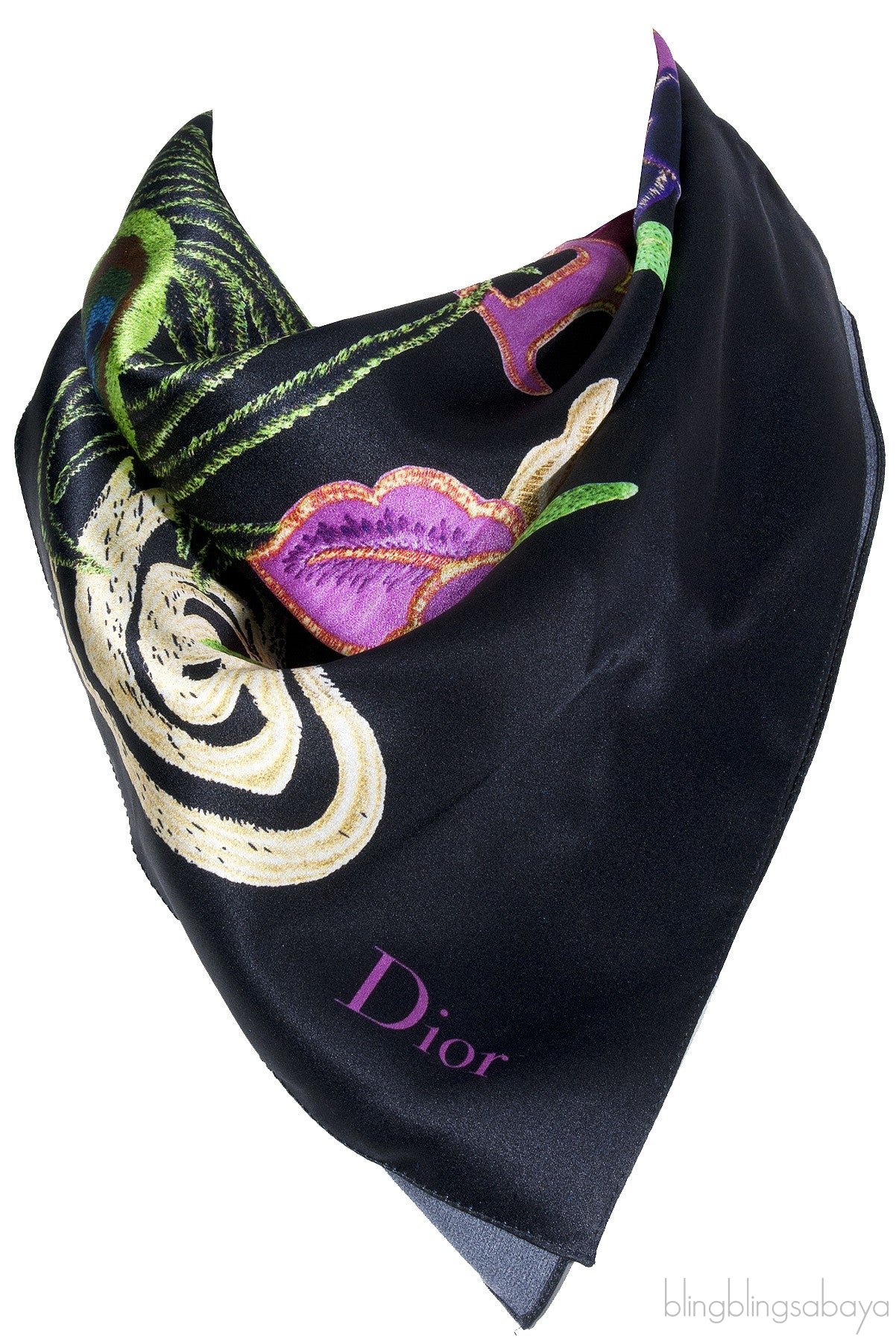 Black Floral Print Silk Scarf