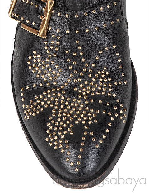 Black Leather Metal Beads Strappy Boots
