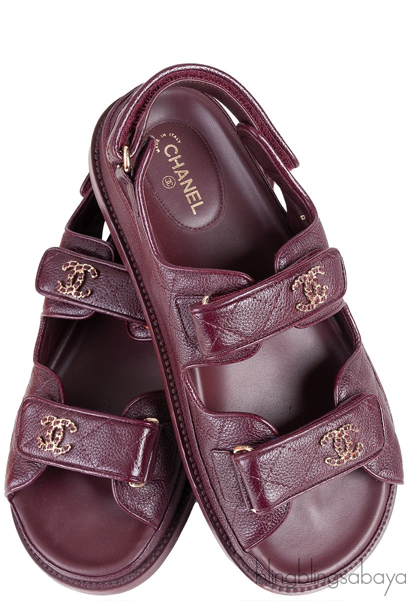 Quilted Leather CC Velcro Burgundy Sandals