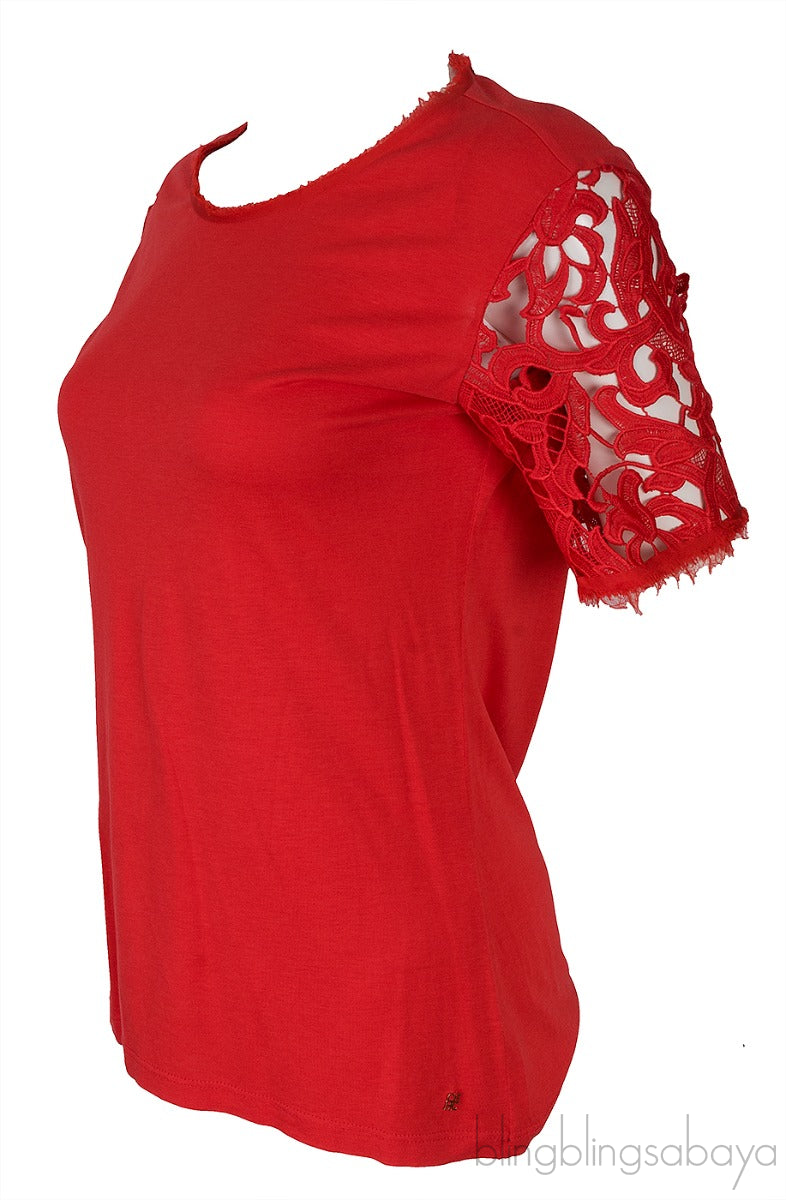 Red T-shirt with Lace Sleeves