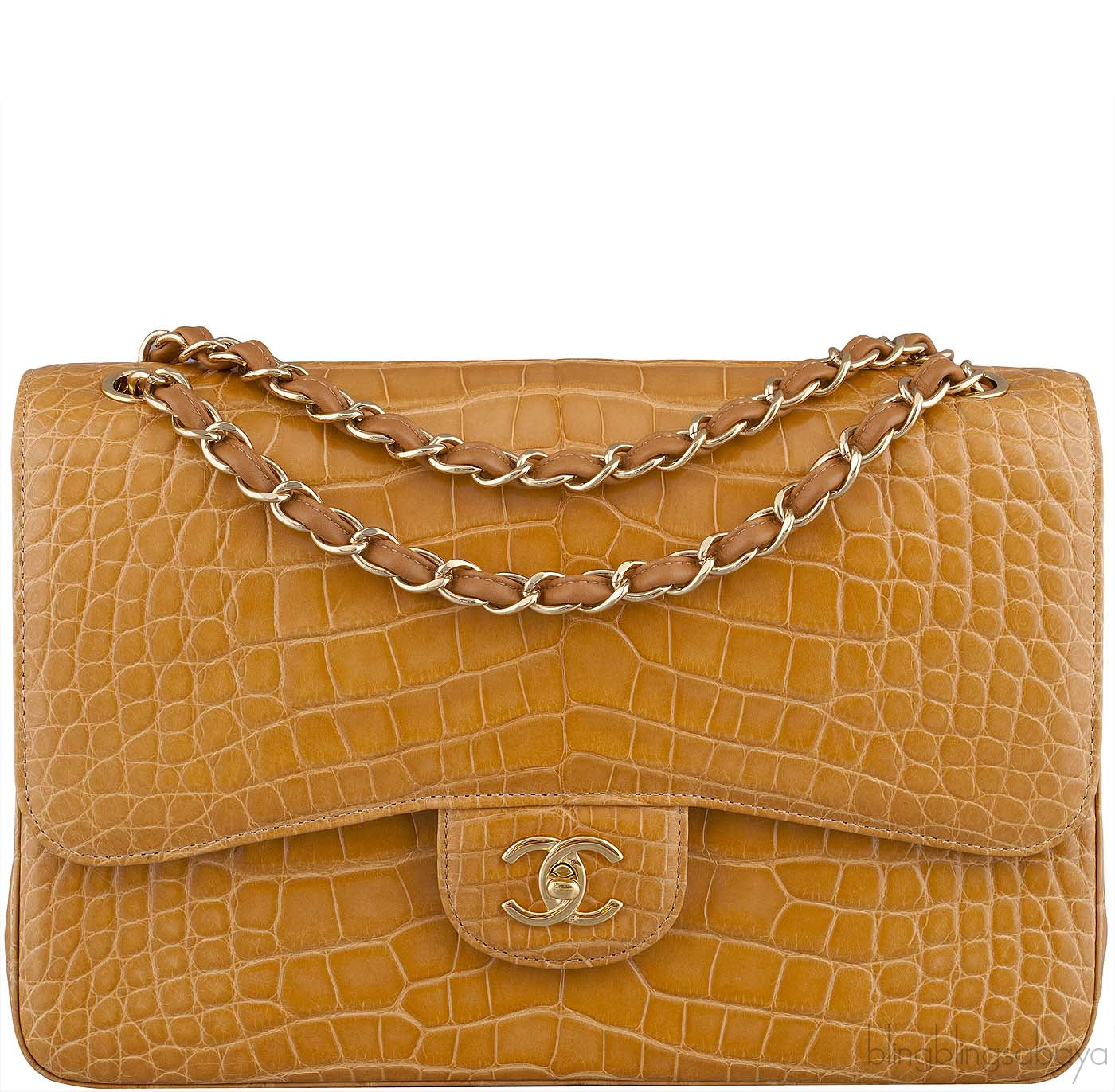 Camel Brown Crocodile Jumbo Flap Bag