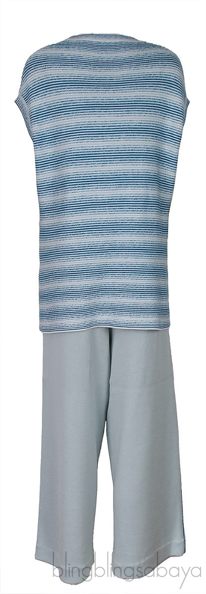 Blue Green Knitted Top and Wide Leg Trouser Set