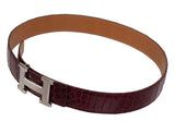 Hermes H Silver Buckle Burgundy Crocodile 32 mm Leather Belt