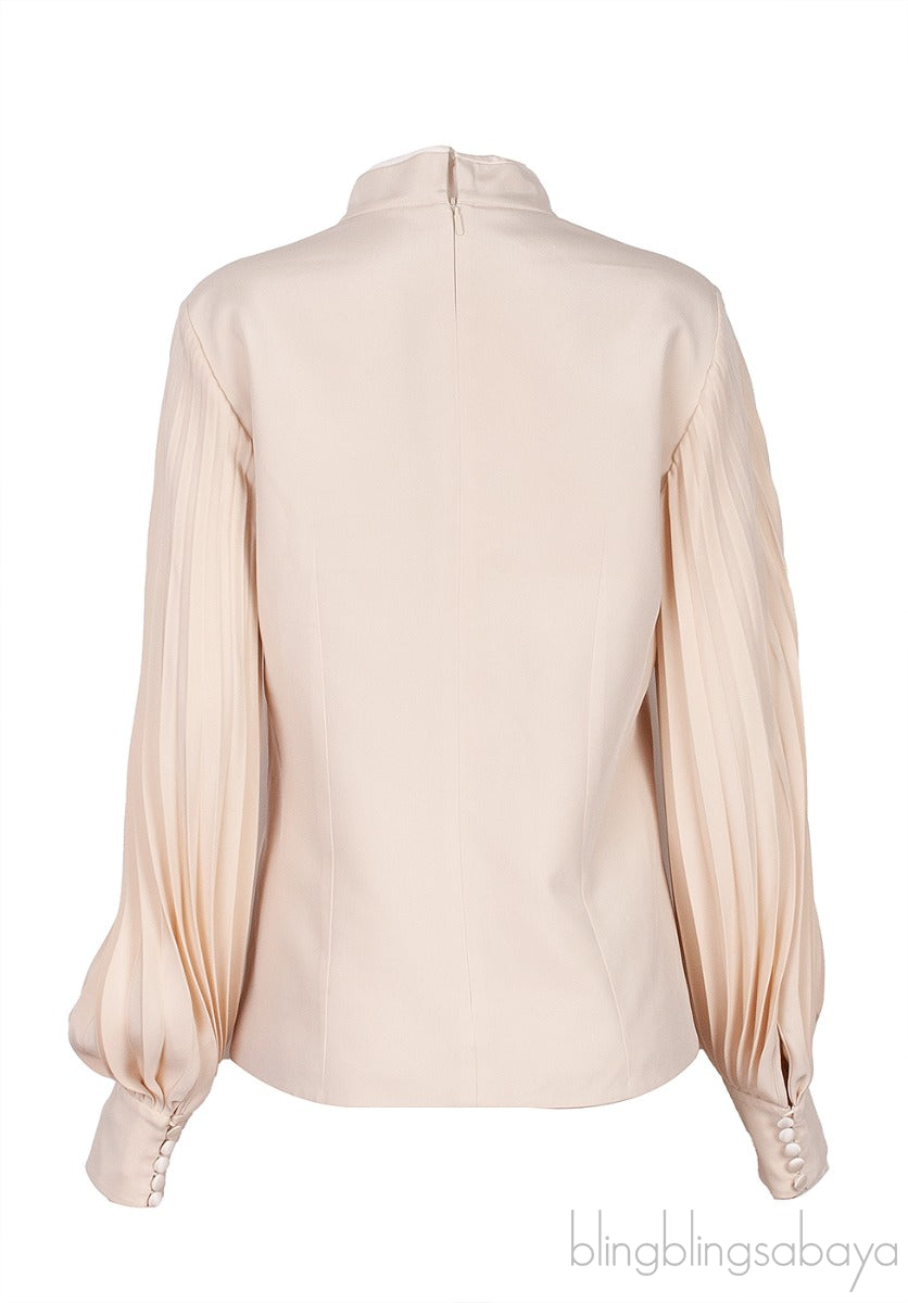 Beige Heart Cut-out Pleated Sleeve Blouse