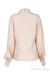 Beige Heart Cut-out Pleated Sleeve Blouse