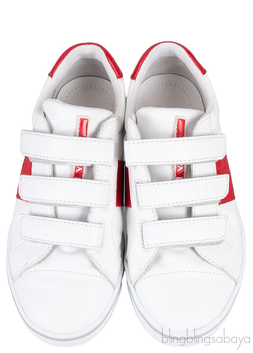 White & Red Velcro Strap Kids Sneaker 32