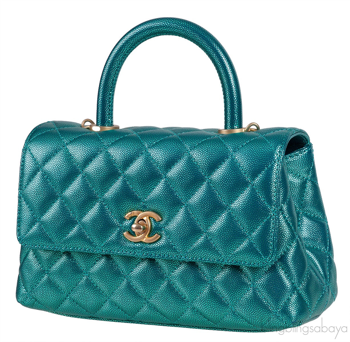 Metallic Green Quilted Caviar Leather Small Coco Top Handle Bag