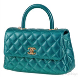 Metallic Green Quilted Caviar Leather Small Coco Top Handle Bag
