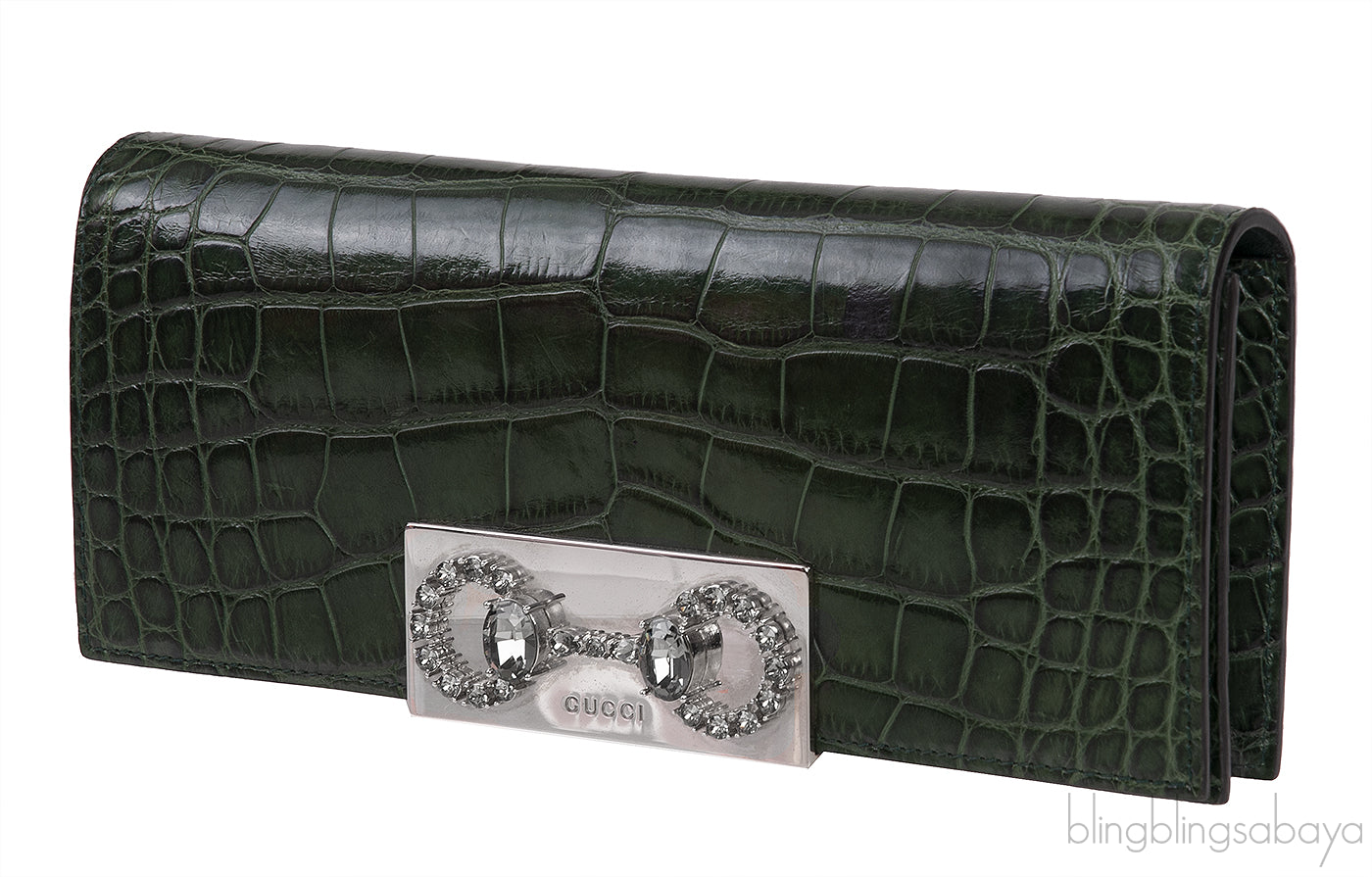 Crystal Embellished Horsebit Green Crocodile Mini Clutch